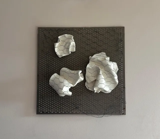 Caricias encerradas. Plancha metal, porcelana, rejilla de metal