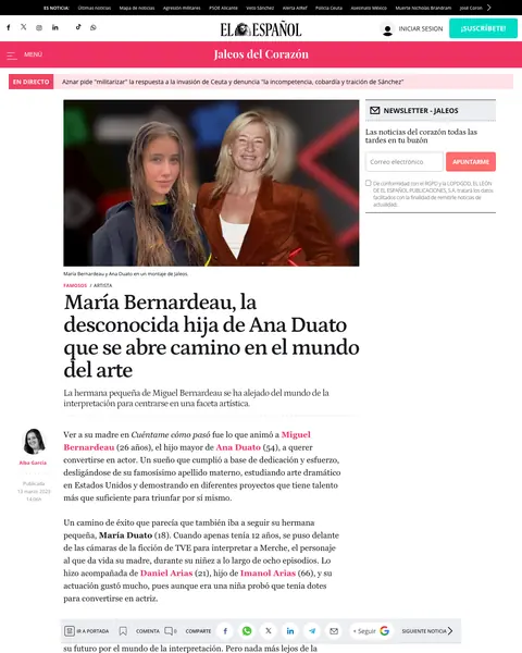 Página de El Español: María Bernardeau, la desconocida hija de Ana Duato que se abre camino en el mundo del arte