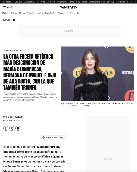 Página de Vanitatis: La otra faceta artística más desconocida de María Bernardeau, hermana de Miguel e hija de Ana Duato, con la que también triunfa