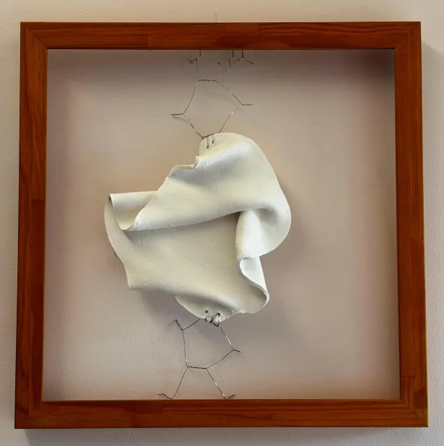 El vacío de las caricias. Marco madera, porcelana, rejilla de metal